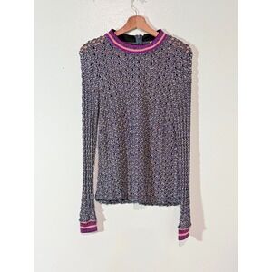 MAX&Co Textured Knit Long Sleeve Top Metallic Trim Back Zip Size Small